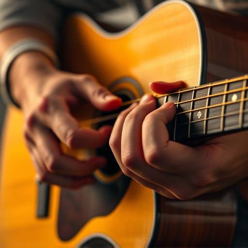 Close-up of hands playing chords on an acoustic guitar during a lesson