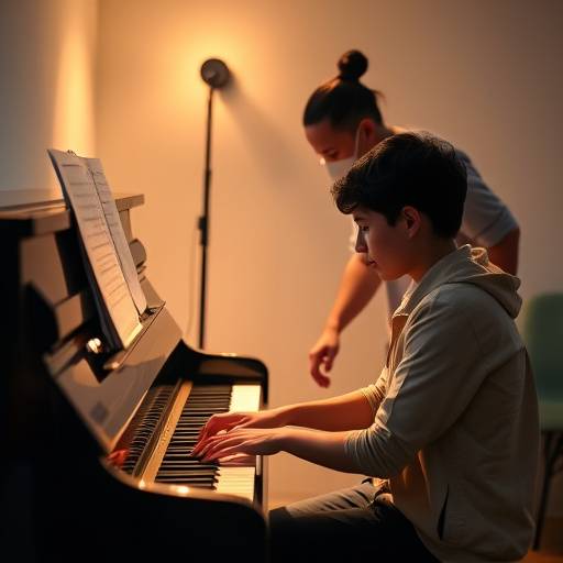 Piano Lessons - A student playing piano with instructor's assistance