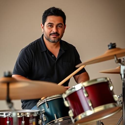 Roberto Silva, Drum Instructor, sitting behind a drum kit